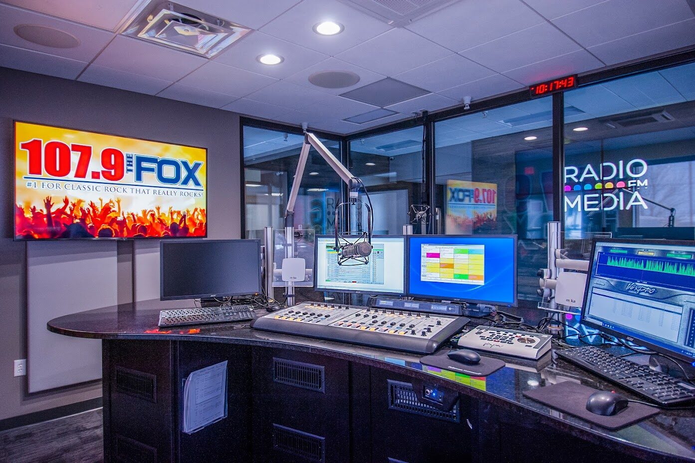 On-air studio for 107.9 The Fox